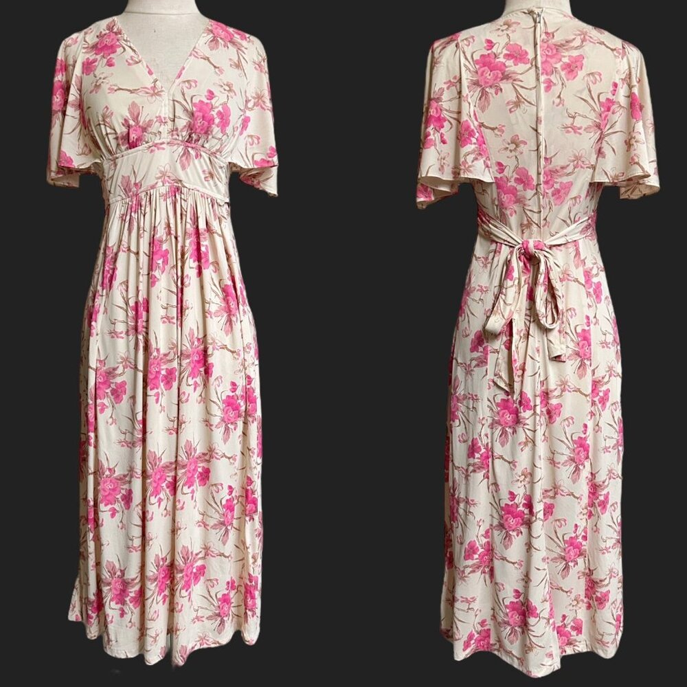 70s vintage flutter sleeve floral dress empire waist boho prairie cottage.